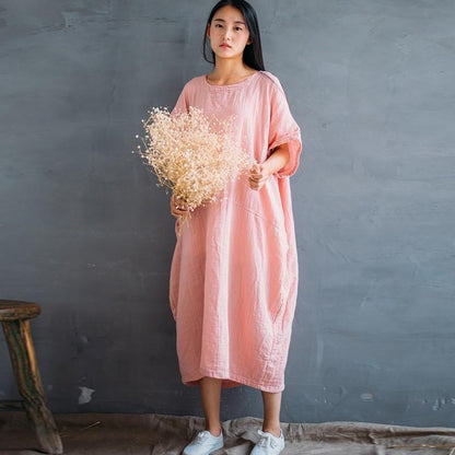 Buddha Trends Dress pink / One Size Loose Pure Colors Cotton Linen Maxi Dress  | Zen