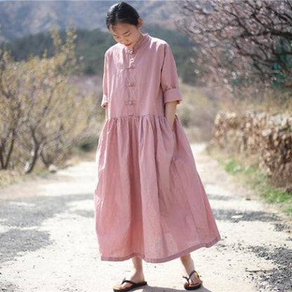 Buddha Trends Dress Pink / One Size Oversized Linen Midi Dress  | Zen
