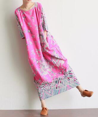 Buddha Trends Dress Pink / One Size Royal Dragons Linen Dress