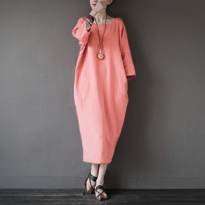 Buddha Trends Dress Pink / XL O-Neck Midi Cotton Linen Dress | Lotus