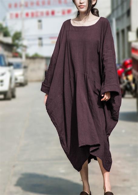 Buddha Trends Dress Purple / One Size Batwing Sleeves Asymetrical Linen Dress | Lotus