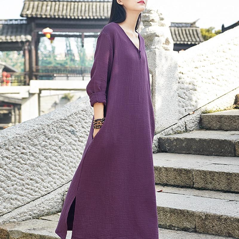 Buddha Trends Dress Purple / One Size Zen Casual Cotton and Linen Long Sleeve Dress  | Zen