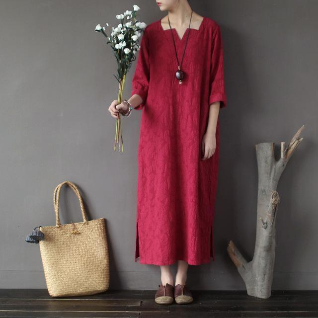 Buddha Trends Dress Red / L Vintage Sweetheart Jacquard Loose Dress  | Zen