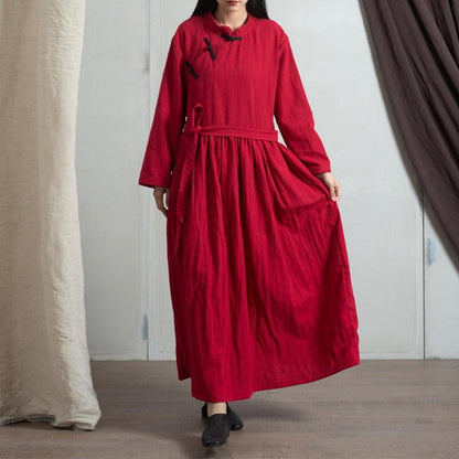 Buddha Trends Dress Red / One Size Chinese Mandarin Collar Linen Dress  | Zen