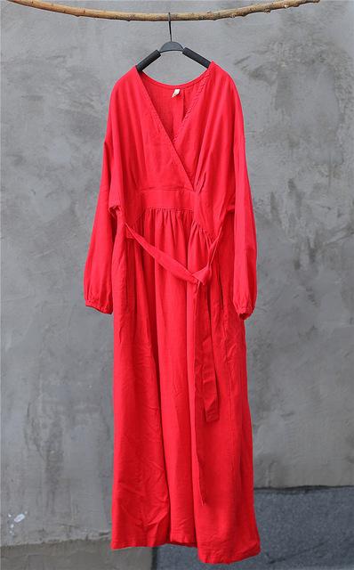 Buddha Trends Dress Red / One Size Empire Waist Cotton Linen Casual Dress  | Zen