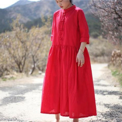Buddha Trends Dress Red / One Size Oversized Linen Midi Dress  | Zen