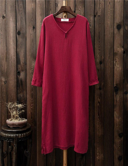 Buddha Trends Dress Red / One Size Zen Casual Cotton and Linen Long Sleeve Dress  | Zen