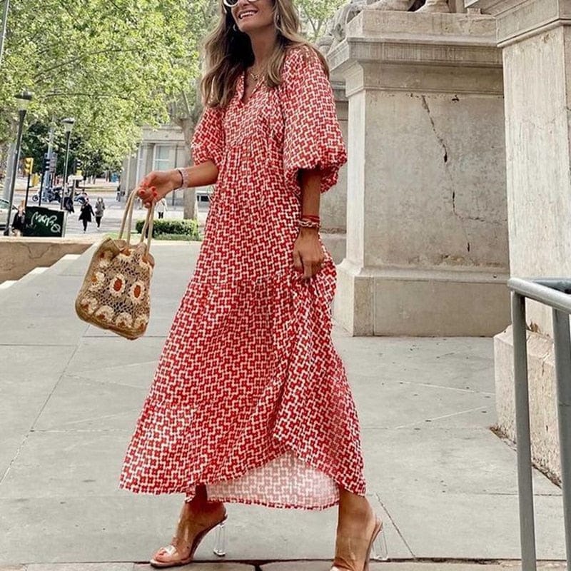 Buddha Trends Dress Red / S Nathaly Boho Puff Sleeves Dress