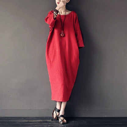Buddha Trends Dress Red / XL O-Neck Midi Cotton Linen Dress | Lotus