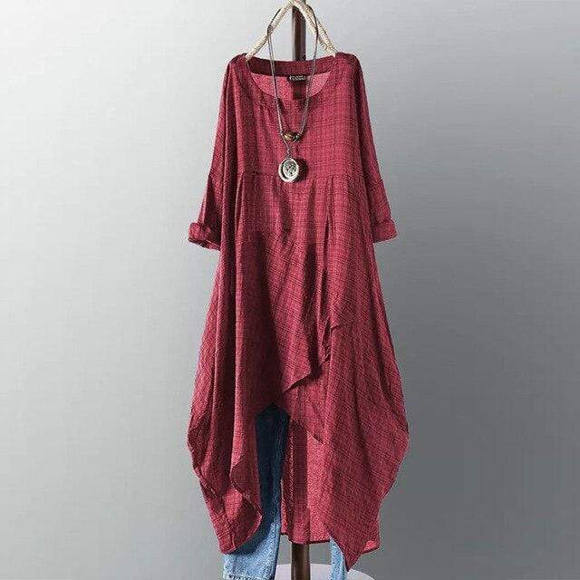Casual Long Sleeve Asymmetrical Shirt Dress Red / S Casual Long Sleeve Asymmetrical Shirt Dress Red / S