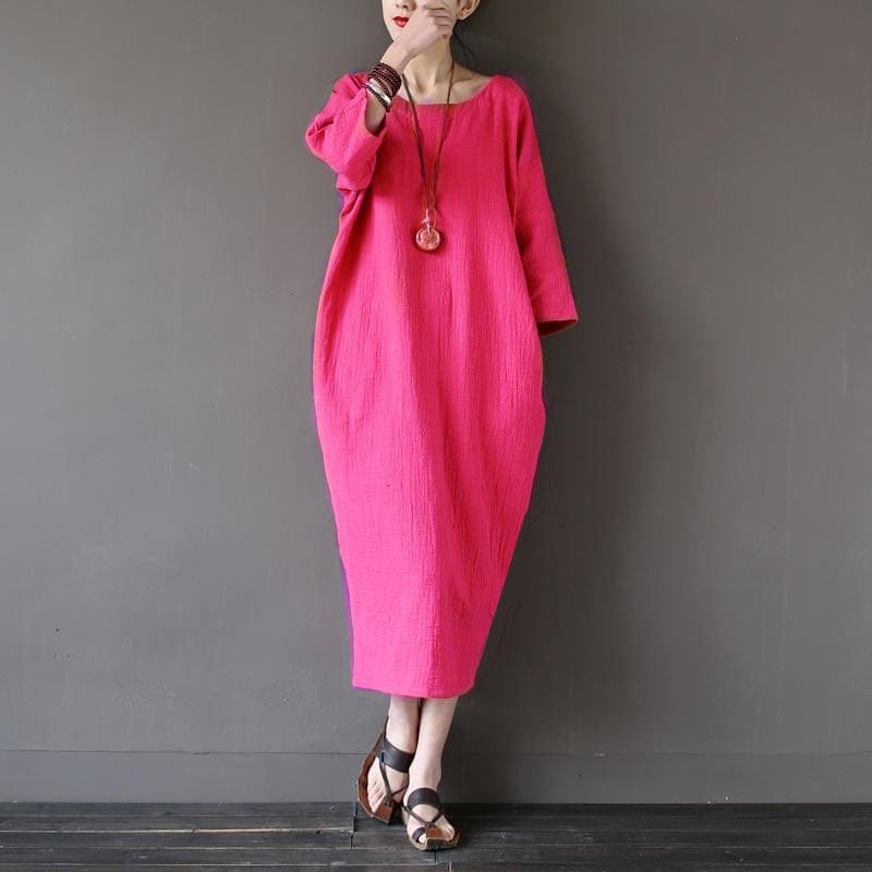 Buddha Trends Dress rose / XL O-Neck Midi Cotton Linen Dress | Lotus