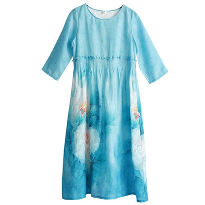 Buddha Trends Dress Sky Blue / M Floral Boho Ramie Maxi Dress  | Zen