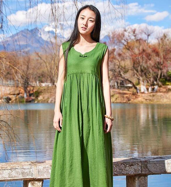 Buddha Trends Dress Vibrant Green / One Size A Line Casual Green Linen Dress  | Zen