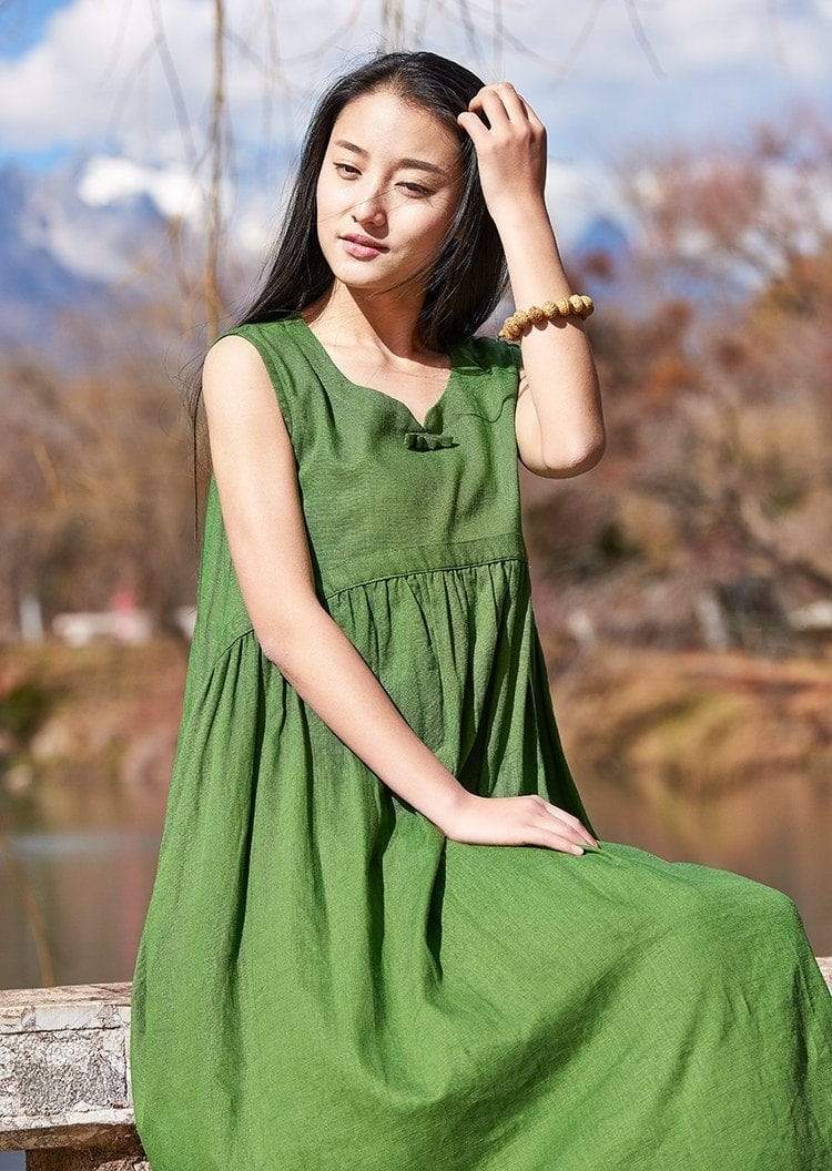 A Line Casual Green Linen Dress  | Zen