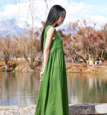 Buddha Trends Dress Vibrant Green / One Size A Line Casual Green Linen Dress  | Zen