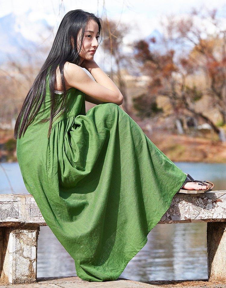 A Line Casual Green Linen Dress  | Zen