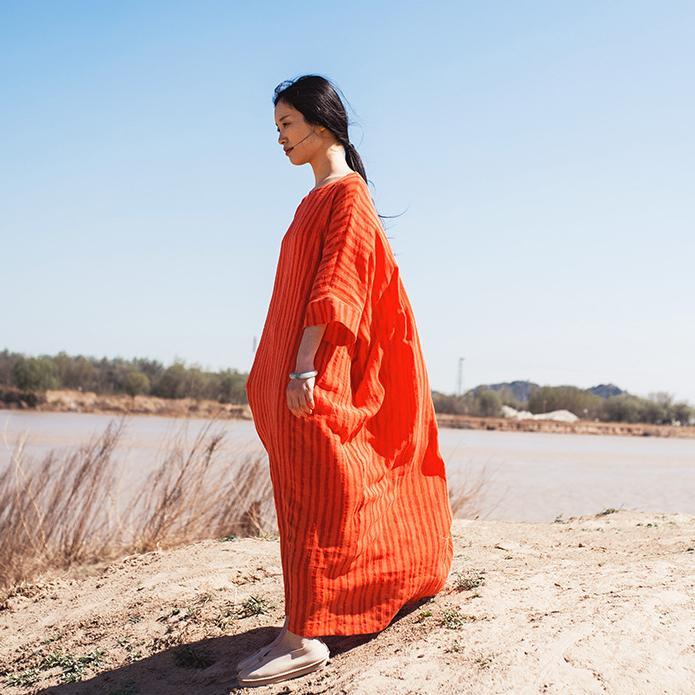 Vibrant Orange Cotton and Linen Maxi Dress