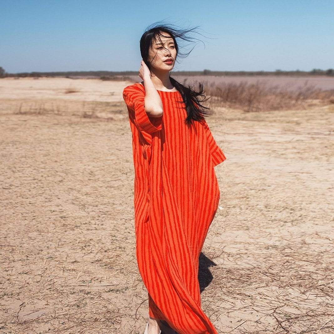 Vibrant Orange Cotton and Linen Maxi Dress