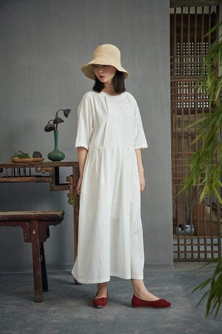 Chinese Style Cotton &amp; Linen Pleated Dress