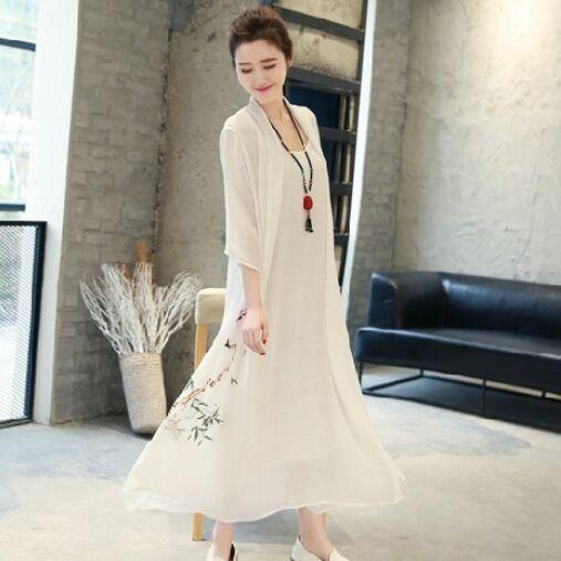 Buddha Trends Dress White / M Silk and Linen Floral Dress