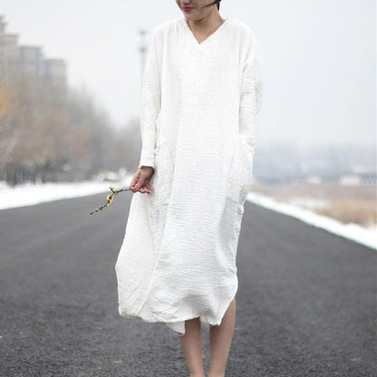 Buddha Trends Dress White / One Size Casual Cotton Linen Loose V-Neck Shirt Dress
