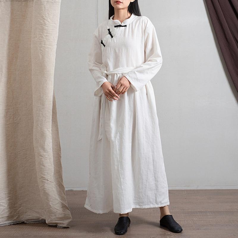 Buddha Trends Dress White / One Size Chinese Mandarin Collar Linen Dress  | Zen