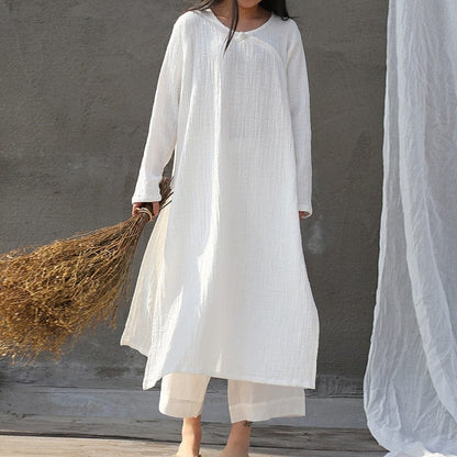 Buddha Trends Dress White / One Size Oversized Cotton Linen Tunic Dress  | Zen