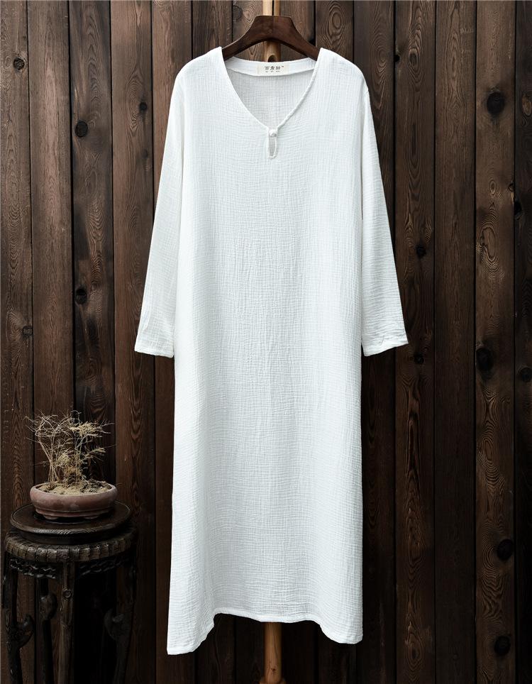Buddha Trends Dress White / One Size Zen Casual Cotton and Linen Long Sleeve Dress  | Zen