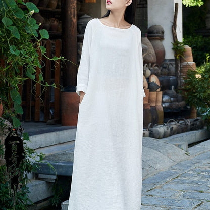 Buddha Trends Dress White / OneSize Casual Cotton Maxi Dress  | Zen