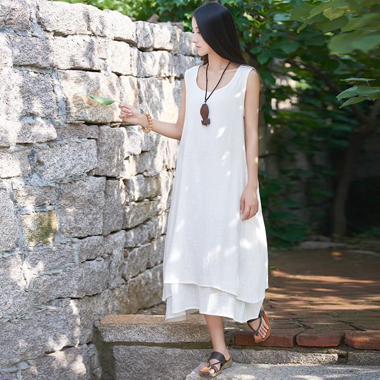 Buddha Trends Dress White / S Casual Sleeveless Linen Dress  | Zen