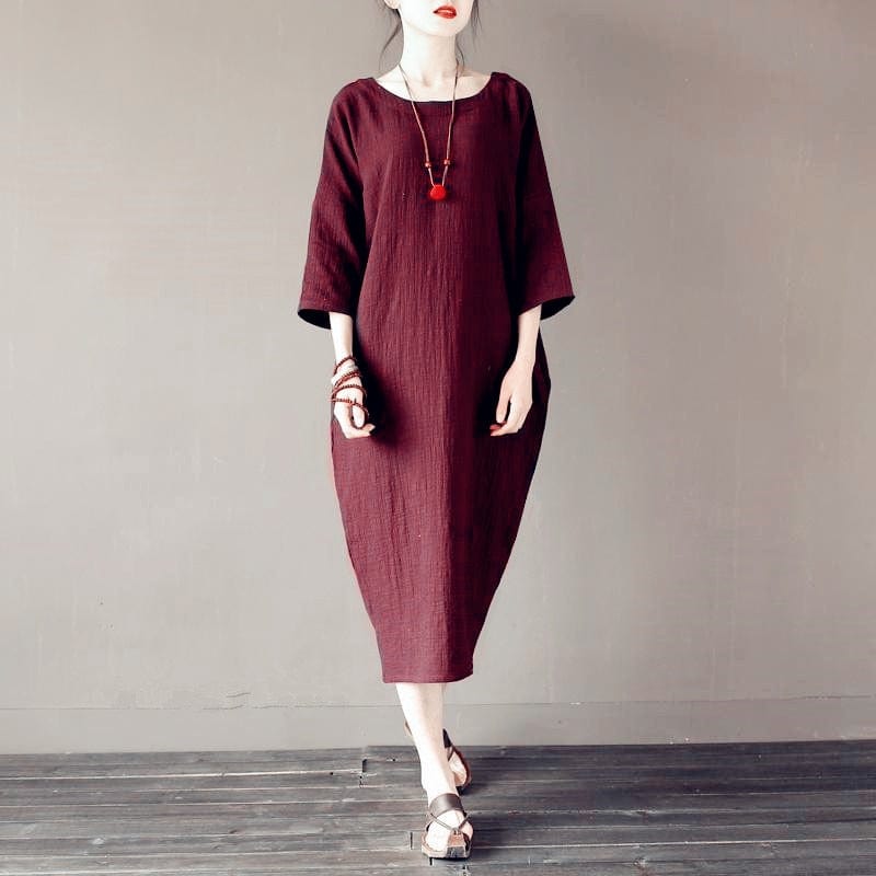 Buddha Trends Dress wine red / XL O-Neck Midi Cotton Linen Dress | Lotus