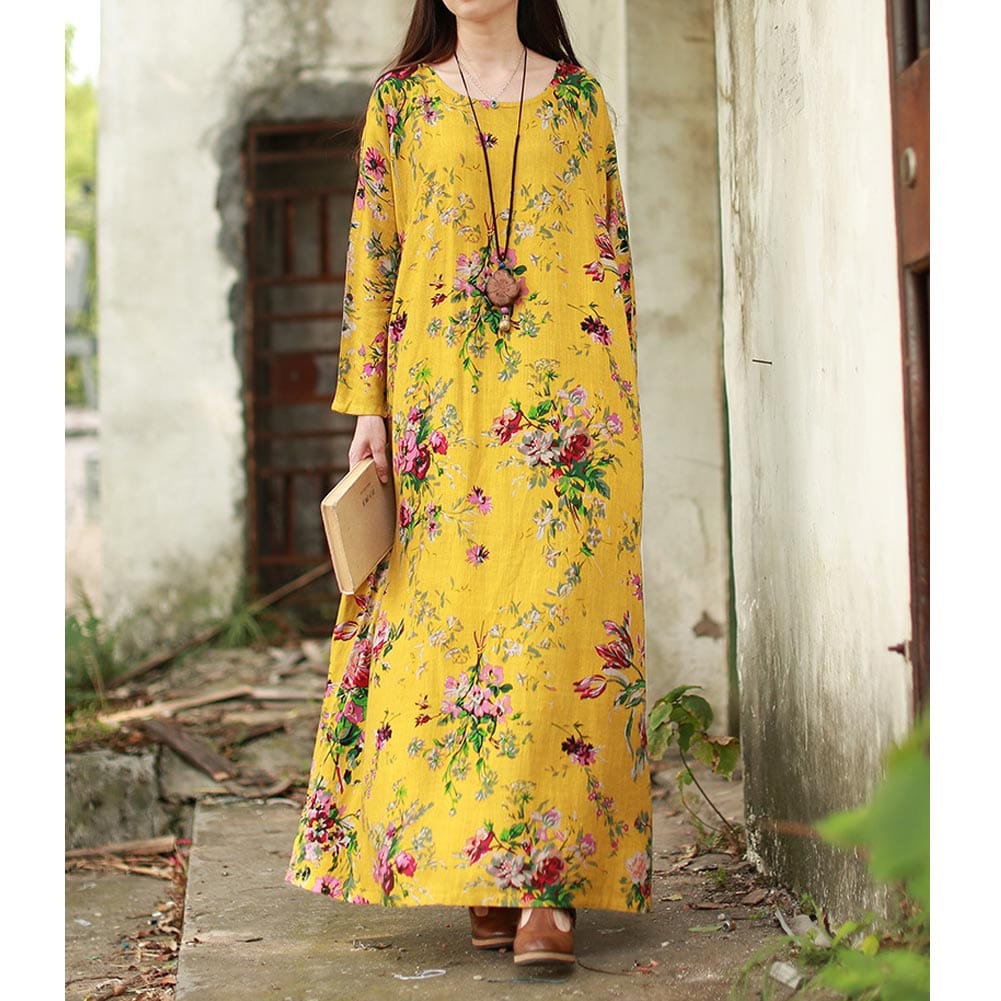 Buddha Trends Dress Yellow / L Oversized Floral Maxi Dress | Zen
