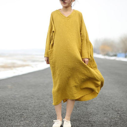 Buddha Trends Dress Yellow / One Size Casual Cotton Linen Loose V-Neck Shirt Dress