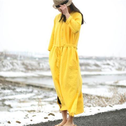 Buddha Trends Dress Yellow / One Size Vibrant Cotton and Linen Loose Shirt Dress