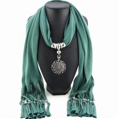 Buddha Trends Dusty Green Hollow Circle Flower Purple Scarf Necklace