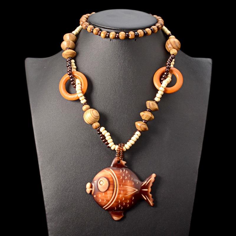 Buddha Trends Fish Beaded Tribal Wooden Pendant Necklace