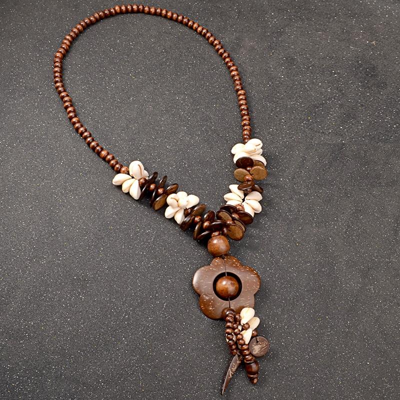 Buddha Trends Flowers &amp; Shells Long Wooden Statement Necklace