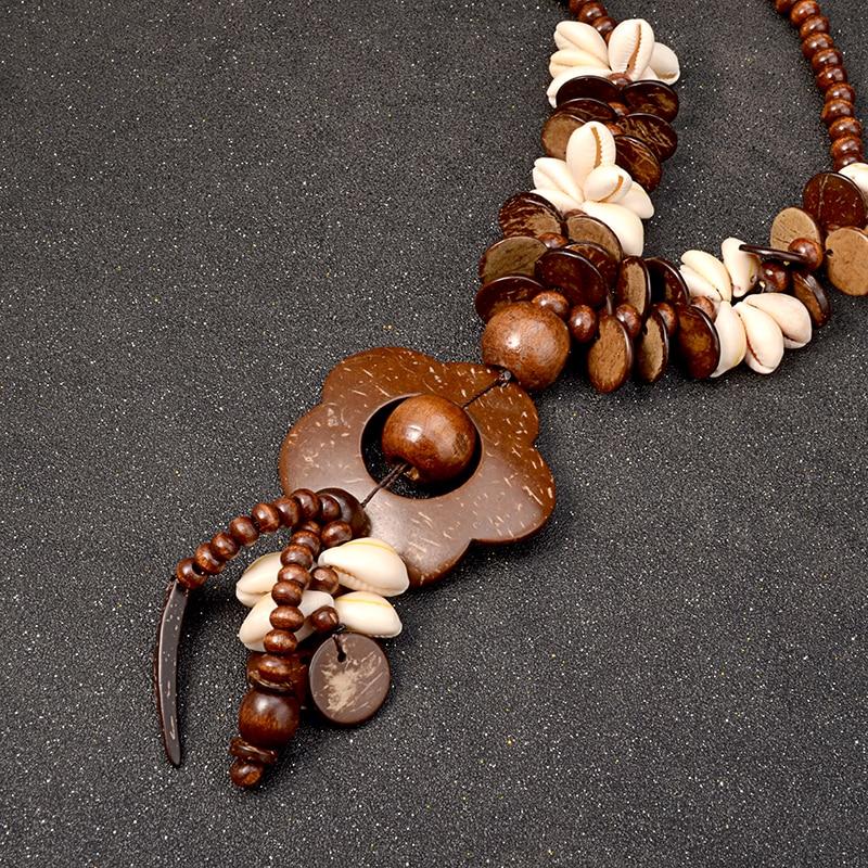Buddha Trends Flowers &amp; Shells Long Wooden Statement Necklace