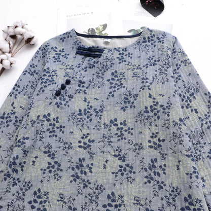 Buddha Trends Gray &amp; Blue / One Size Chinese Porcelain Floral Linen Shirt