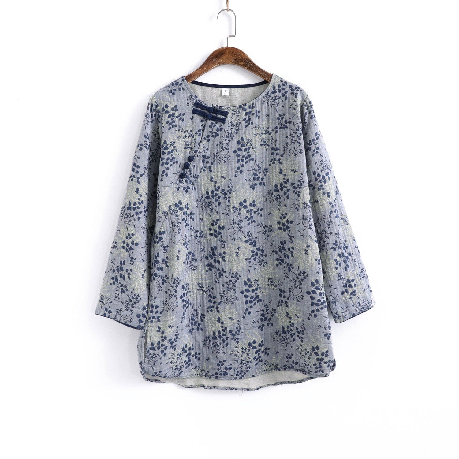 Buddha Trends Gray &amp; Blue / One Size Chinese Porcelain Floral Linen Shirt