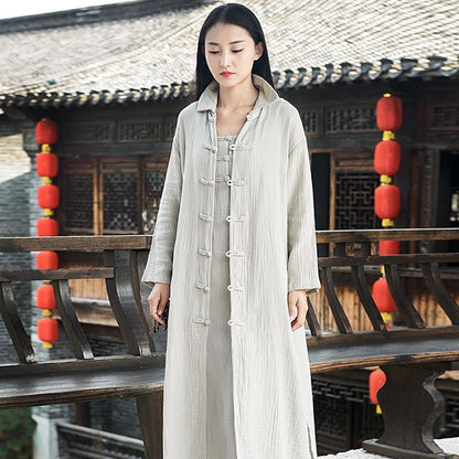 Buddha Trends Gray / One Size Chinese Style Cotton Linen Trench Coat  | Zen