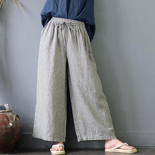 Buddha Trends Gray / One Size Plaid Linen Palazzo Pants