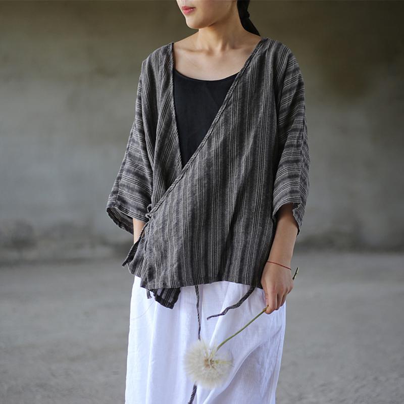 Buddha Trends Gray / One Size Striped V Neck Wrap Cotton Linen Shirt  | Zen