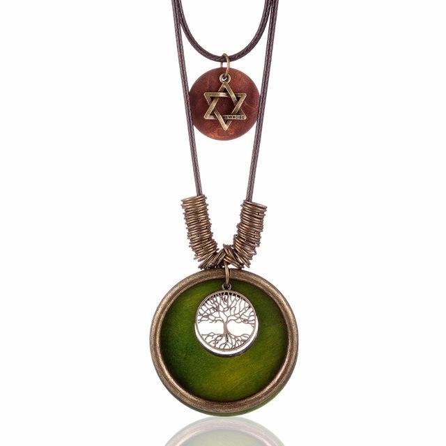 Buddha Trends Green 6 Pointed Star with Tree Of Life Wooden Necklace
