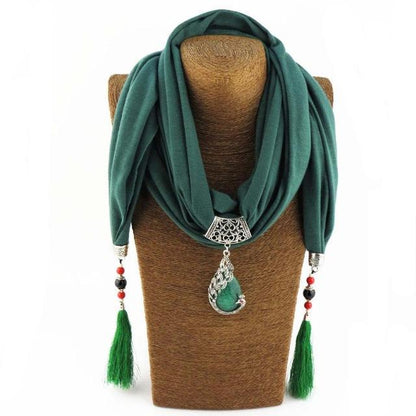 Buddha Trends green Beaded Scarf Necklace With Tassels