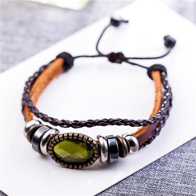 Buddha Trends Green Braided And Beaded Geometric Leather Bracelet