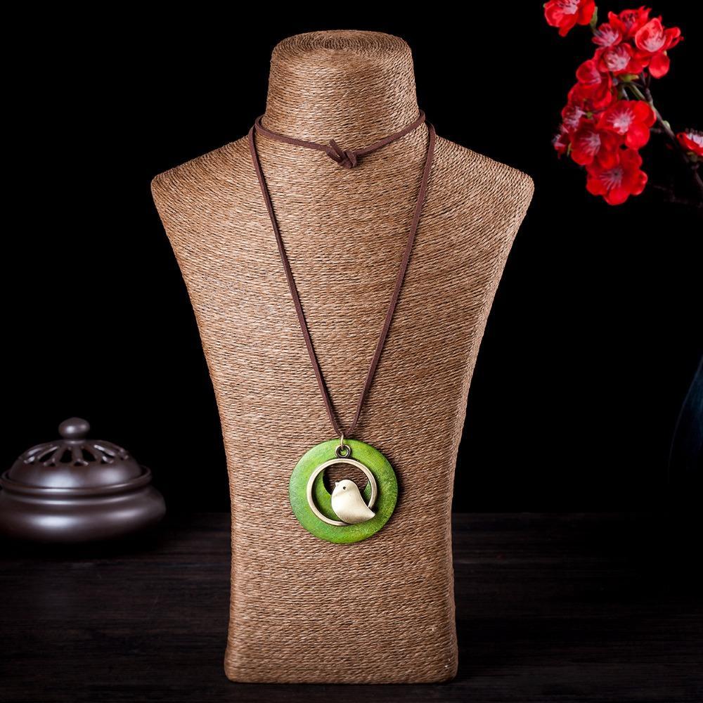 Buddha Trends Green Cute Bird Geometric Wooden Pendant Necklace
