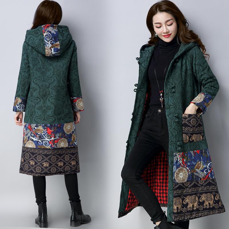 Buddha Trends Green / L Embroidered Hooded Knee-Length Trench Coat