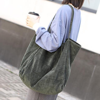 Buddha Trends Green Large Capacity Corduroy Tote Bag