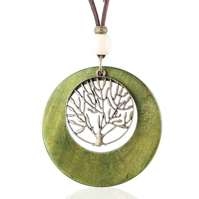 Buddha Trends Green Life Tree Geometric Wooden Pendant Necklace